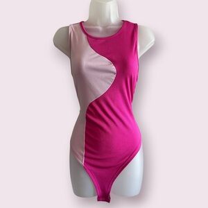 SHEIN Pink Colorblock Ribbed Sleeveless Bodysuit - Size L